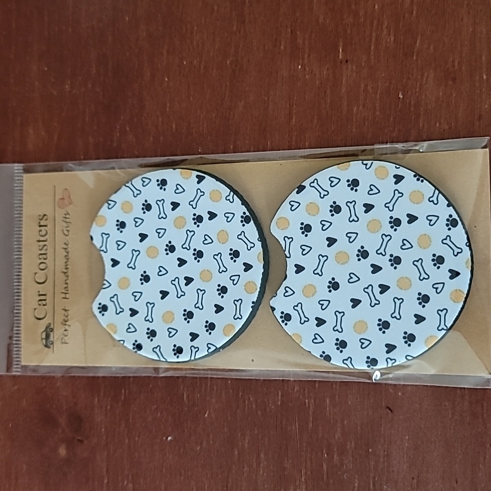 Dog Paw and Bone Handmade Reuseable Neoprene Set of 2 Cup Holder Car Coasters